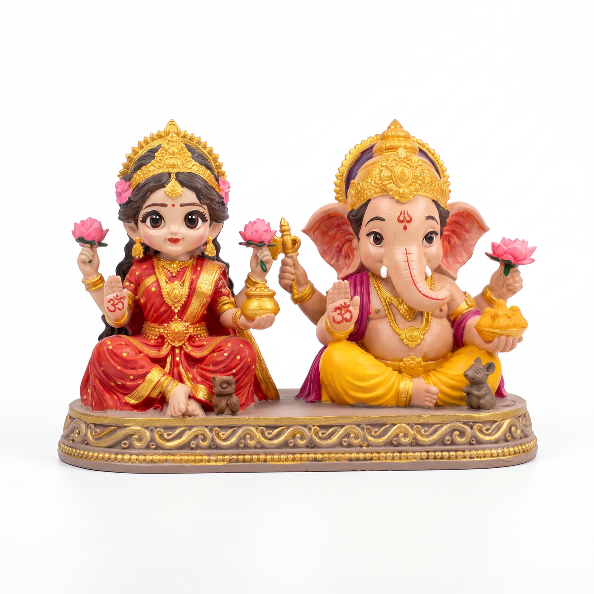 Sculptria Laxmi Ganesh idol, 3-inch hand-painted resin, front view on white: Lakshmi with lotuses and kalash, Ganesha with modak bowl