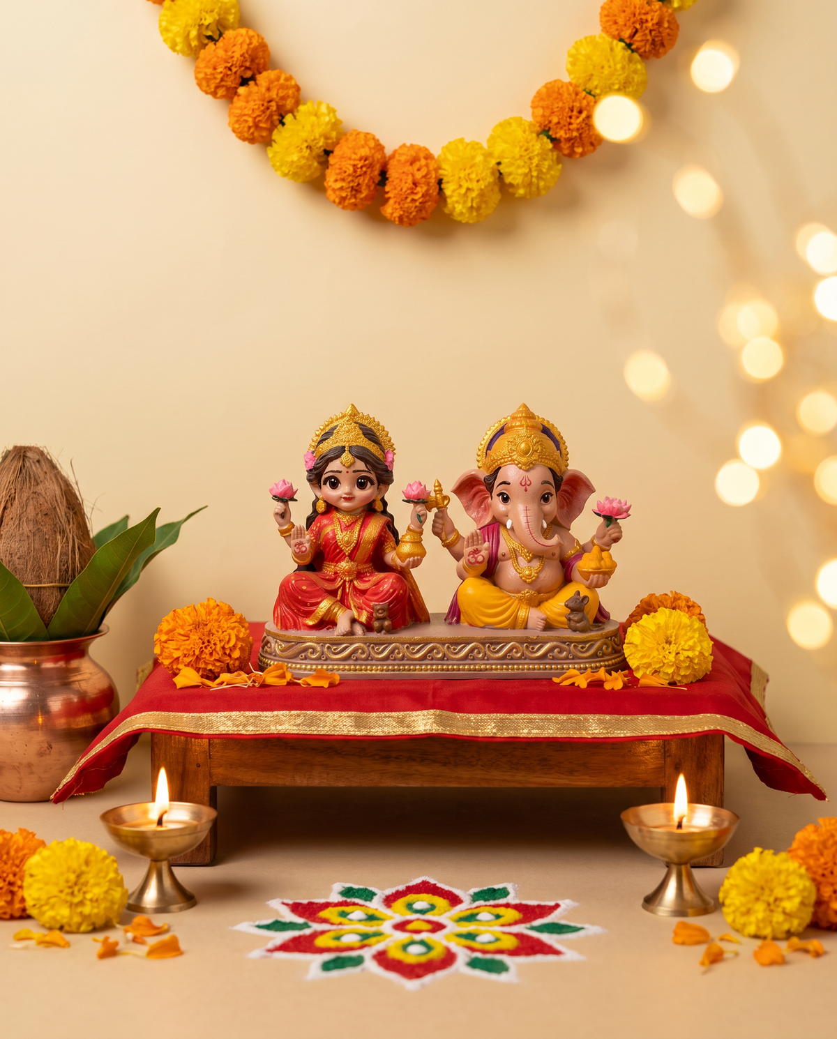 Laxmi Ganesh murti on a red puja chowki for Diwali Lakshmi Puja with diyas, marigolds and rangoli