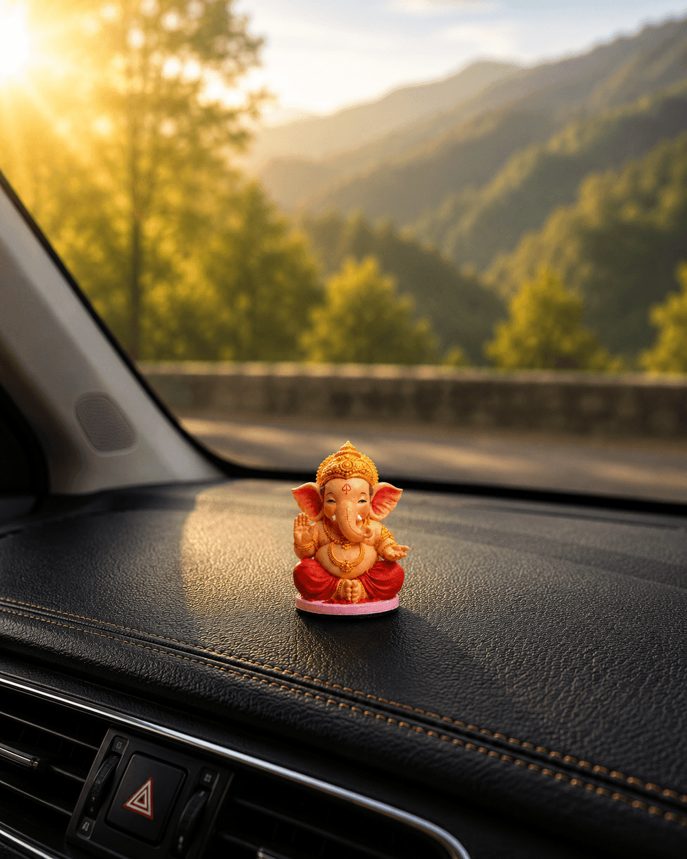 The Bal Ganesha idol on a dashboard with hills beyond the windscreen