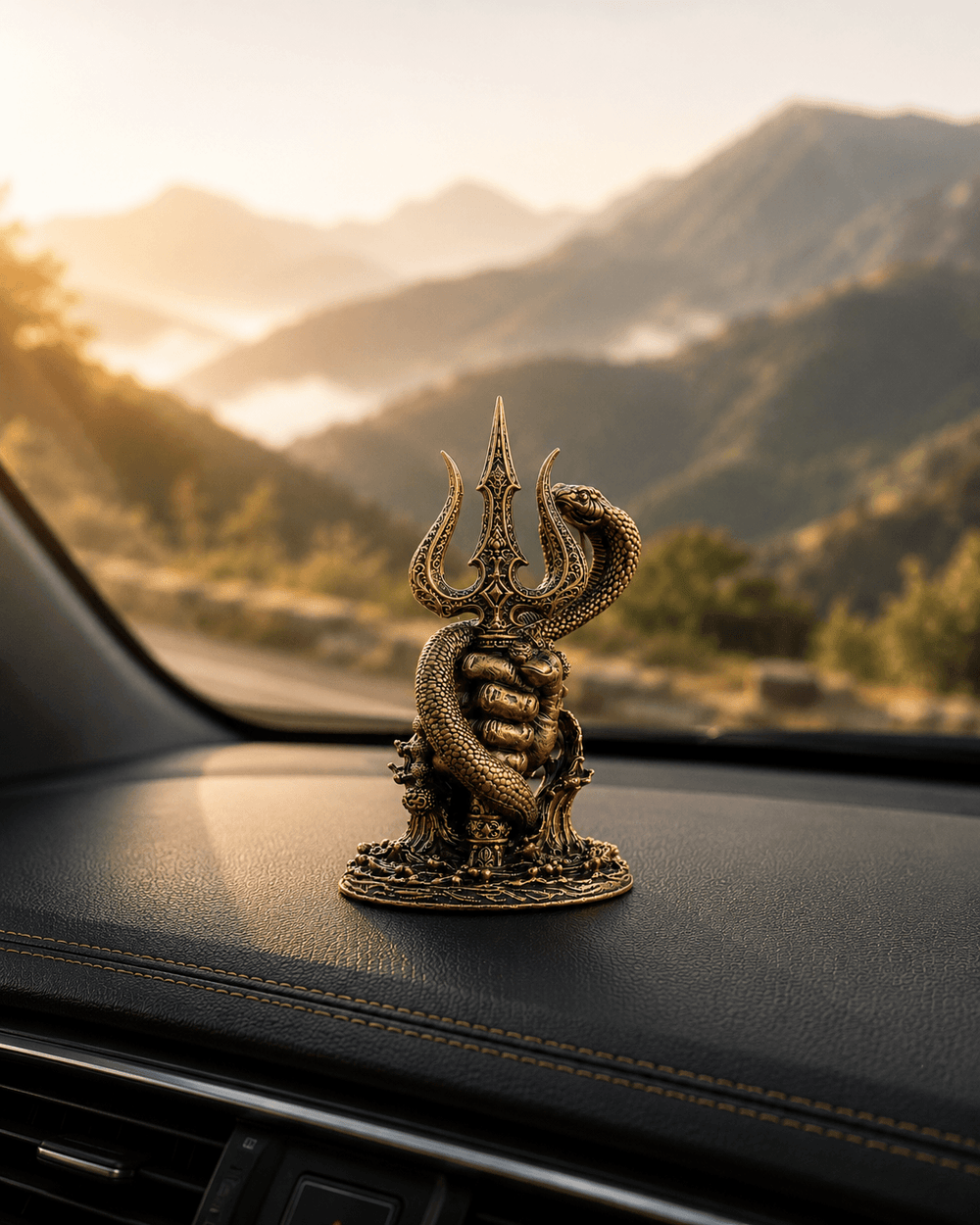 The Nagadhari Mahadev Trishul idol on a dashboard with hills beyond the windscreen