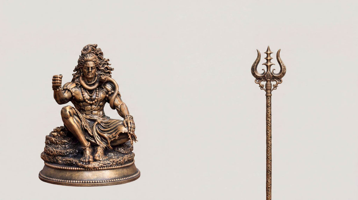 The Mahadev idol and its trishul laid out side by side