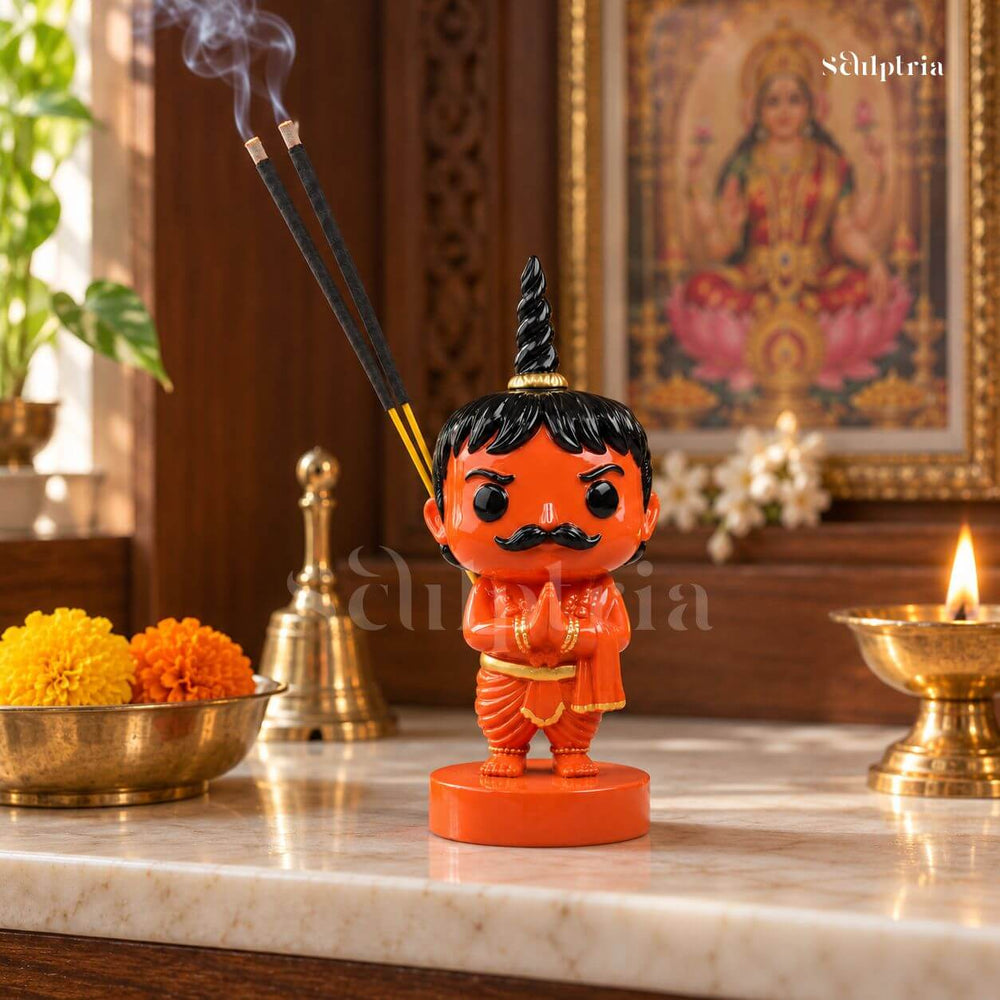 Chota Pandit Ji in a home mandir, with smoke rising from the incense