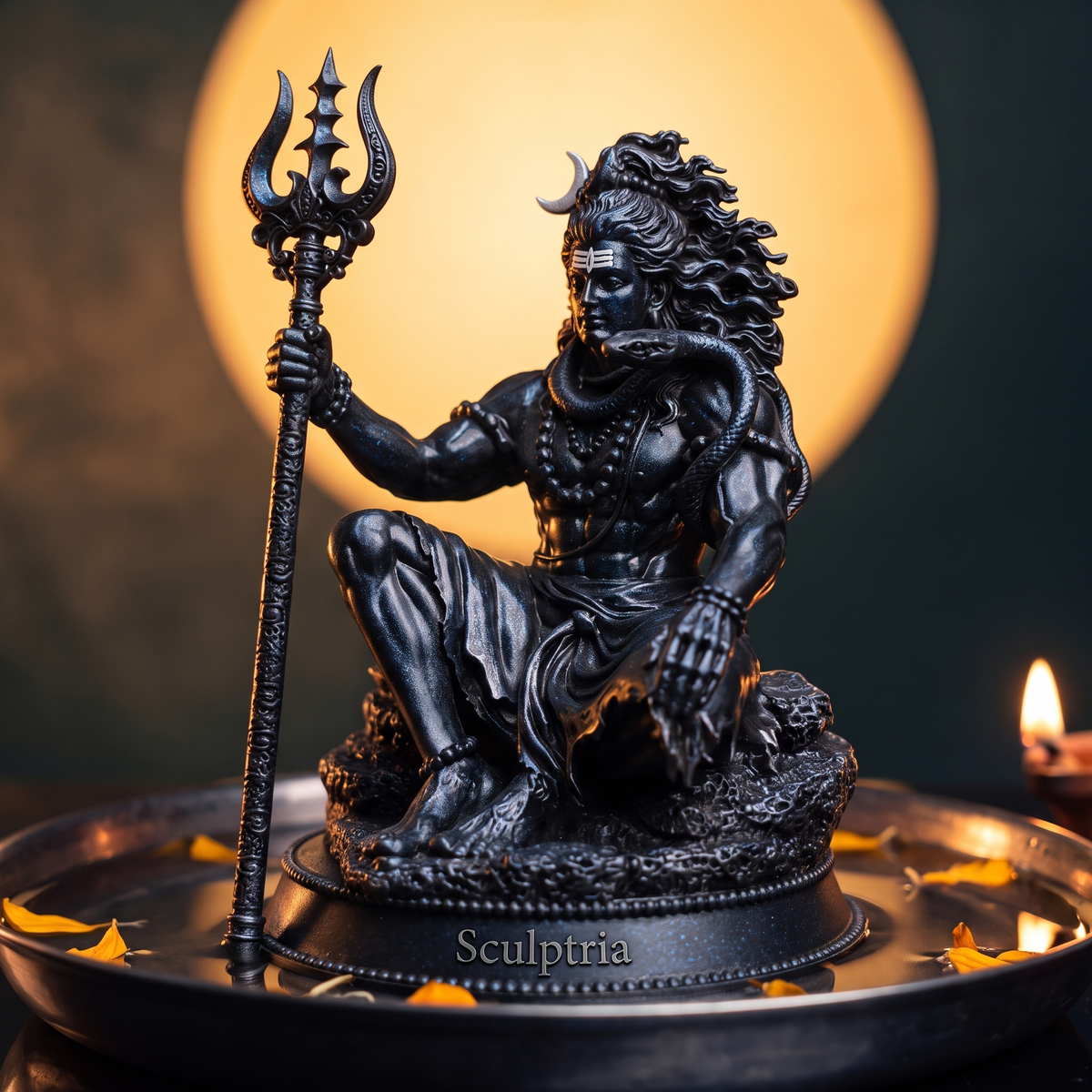 Mahadev Trishul Dhyan Idol, Black Edition — three-quarter view with the moon behind
