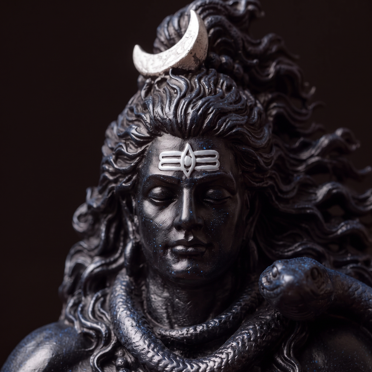 Black Edition face — closed eyes, silver tripundra and crescent moon