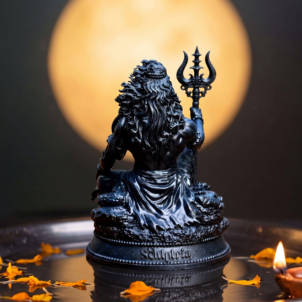 Mahadev Trishul Dhyan Idol, Black Edition — back view against a glowing full moon