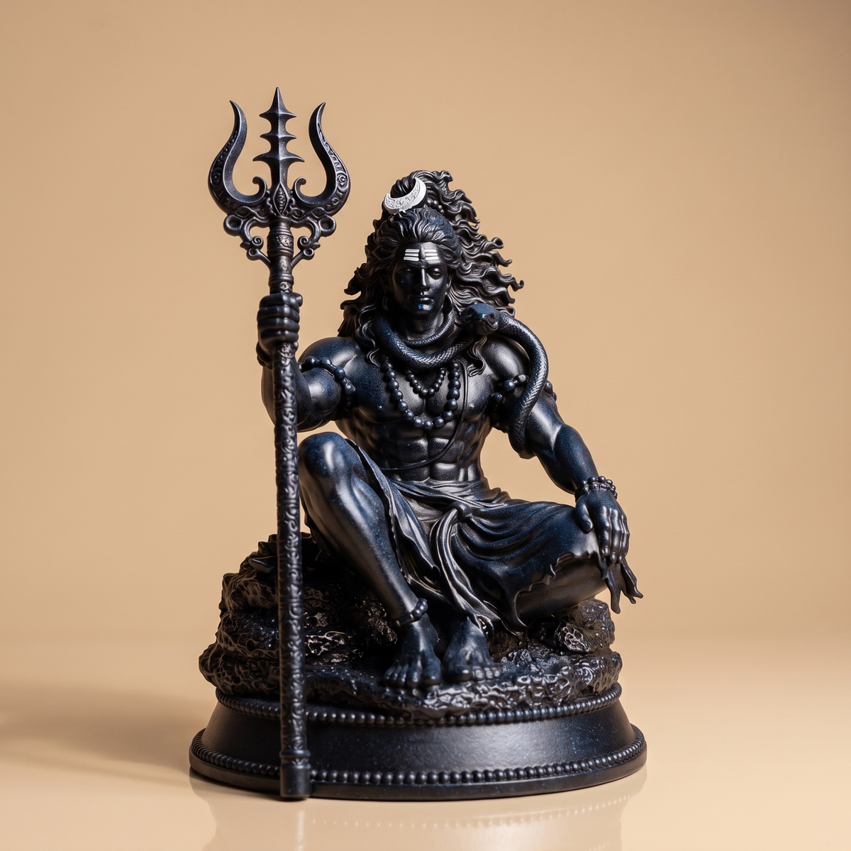 Mahadev Trishul Dhyan Idol, Black Edition — front view on a warm studio backdrop