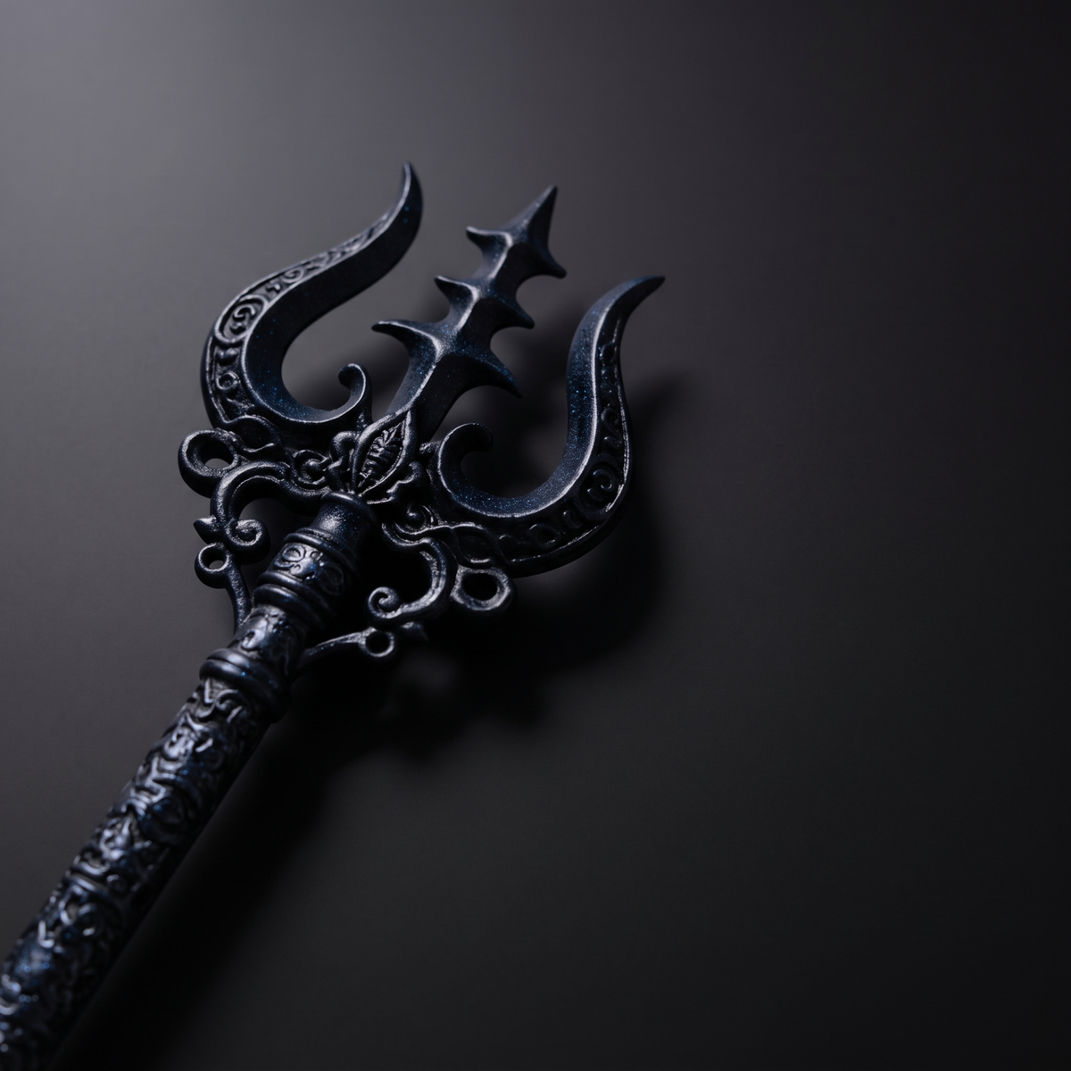Black Edition trishul — close-up of the carved trident head