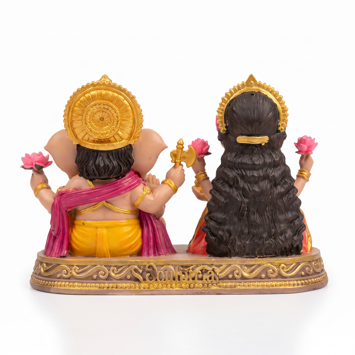 Back view of the Laxmi Ganesh idol with Ganesha's gold halo, Lakshmi's long hair and the embossed Sculptria mark
