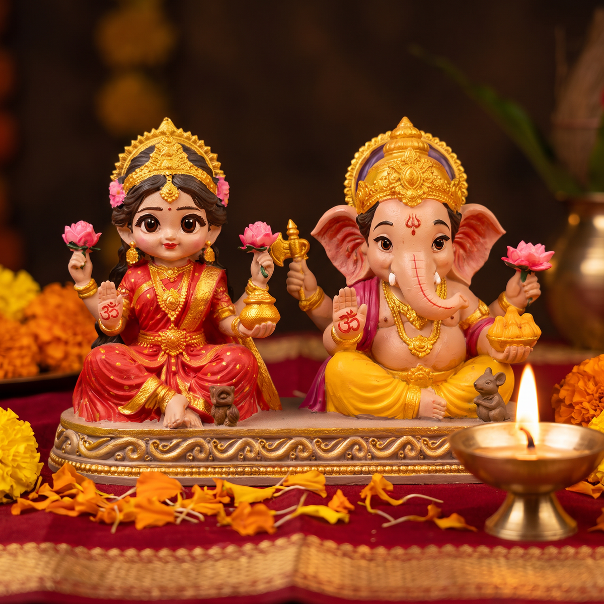 Close-up of the hand-painted Laxmi Ganesh idol in diya light, showing Om on both palms