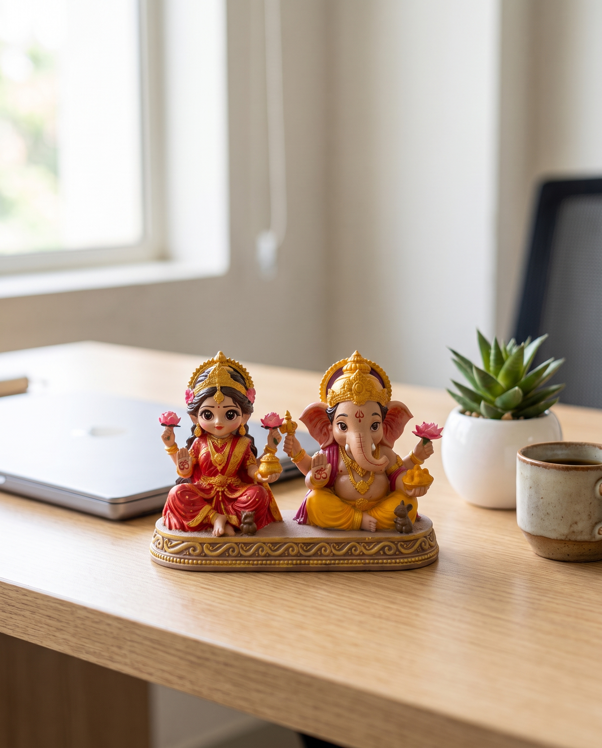 Laxmi Ganesh idol on an office desk beside a laptop and plant
