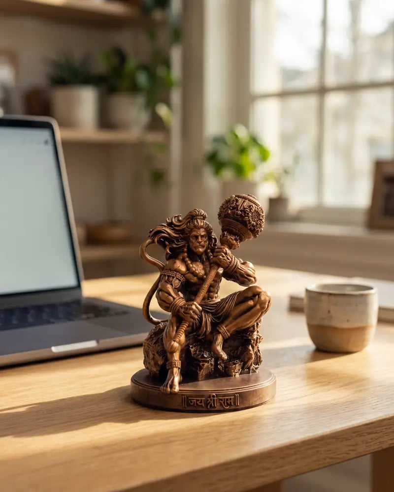 The Mahabali Hanuman idol on a work desk beside a laptop
