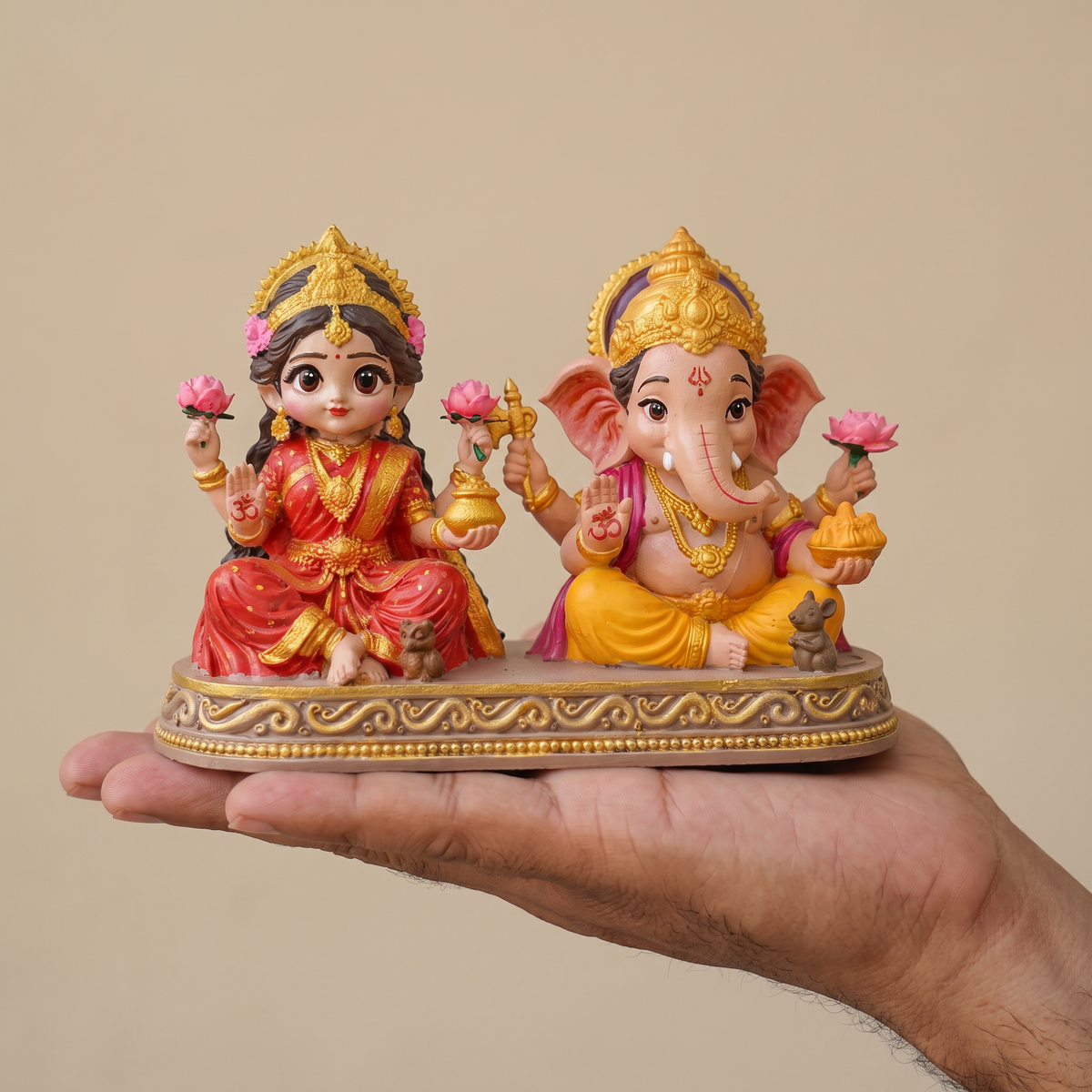 Small 3-inch Laxmi Ganesh idol held on an open palm to show its size
